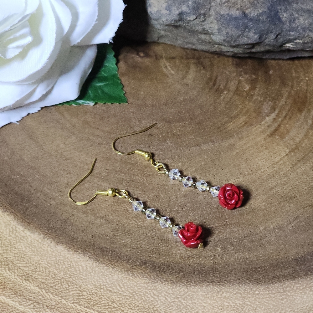 18. Hand Crafted Elegant Dangle Earrings With Red Roses And Crystal Beads